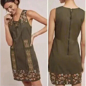 Anthropologie Seen Worn Kept Avis Embroidered Shift Dress Retro Boho Green XS